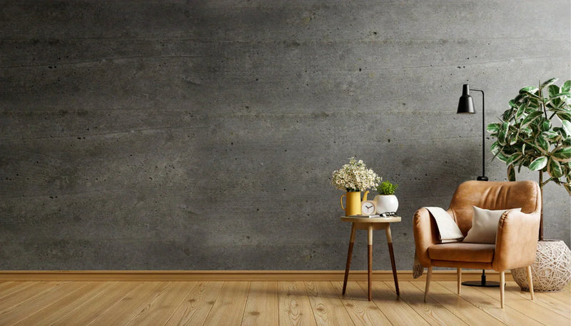 living room with a black and white gradient wall has a central table, a beige one-seater armchair and in the background figures of artificial plants; vibe houses