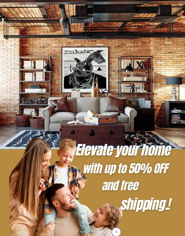 In one room there is a man, a woman and two children. Being a boy and a girl. All right together, in the corner below right. The room is well lit and has a predominance of wood color. In the lower left corner there is a phrase: Elevate your home with up to 50% discount and free shipping. Vibe Houses