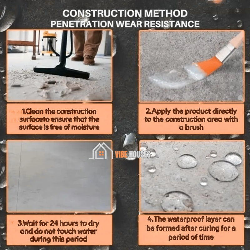 Sealing agent 300 g; CONSTRUCTION METHOD, PENETRATION WEAR RESISTANCE; 1. Clean the construction surfaceto ensure that the surface is free of moisture; 2. Apply the product directly to the construction area with a brush; 3. Wait for 24 hours to dry and do not touch water during this period; 4. The waterproof layer can be formed after curing for a
period of time; vibe houses