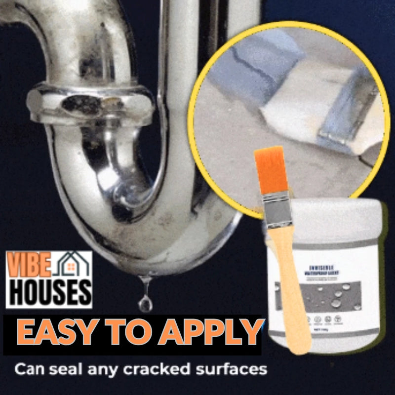 Sealing Agent 300g - Image with black background. Shows the leaky pipe connection. And it has the phrase written on it: Easy to apply, can seal any cracked surface. In the foreground is the 300 g sealing agent with brush. ProBond by Vibe Houses