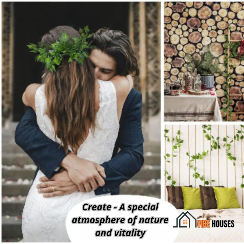 Artificial Plants - The couple embraces. The woman is wearing begonia leaves in her hair. Below is the message: Create - A special atmosphere of nature and vitality. Vibe Houses