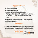 Bag; Eco-leather (PU); Specifications; Type: Handbags; Shape: Rectangle;
Color: White Solid and Golden; Weight: 1.65 lbs. (0.75 kg.);Size: 11.02 in. x 8.66 in. x 4.13 in. (28 cm x 22 cm x 10,5 cm); Material: Eco-leather (PU) and Polyester; Closure: Zipper; Contains; 01 *Bag Eco-Leather (PU) Color white; (Other accessories in the picture is not included.); Order Now; vibe houses