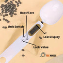Digital spoon.color: white; with arrows indicating its functionalities such as: initialization / tare, unit switch, LCD display lock value; vibe houses