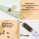 Digital Image Spoon; view from the back side. Next to it is written: Button Battery Energy saving and power saving, long battery life (not included). Unit conversion Weighing to meet different needs, vibe houses