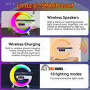 Clock alarm; Little G; Bluetooth wireless stereo with multiple lighting modes; Wireless Speakers
With a library of soothing sounds
light tones at your fingertips, you can
create an atmosphere to help you
focus, relax or meditate at any time; Wireless Charging Built in wireless phone charging makes charging easier; Note that the phone must have wireless charging function; 10 lighting modes Fun and Interactive light mode; vibe houses