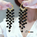 Black crystal earrings – Modern and elegant style. The woman holds the earrings in her fingers, further enhancing her beauty. vibe houses