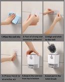 Toilet brush with long handle and base with drain; step by step how to install; 1.Wipe the wall dry; 2.Tear of strong and seamless adhesive; 3.Align and stick to the wall; 4.Press hard to drainthe air; 5.Snap in the card slot from top to bottom; 6.Just put in the toilet brush; vibe houses