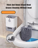 Toilet brush with long handle and drain base. Image of a bathroom showing a toilet brush and a drain base, one next to the toilet;  thick and dense brush nead groove cleanning without dead; vibe houses