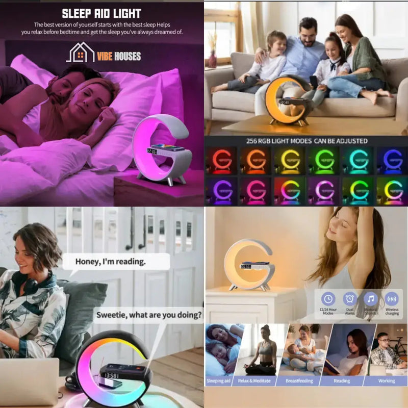 Alarm Clock, Four images together forming one sound. A couple sleeping. A family gathered in the living room. A mother talking to her daughter via Bluetooth. A young woman stretching. Vibe Houses