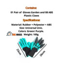 Gloves Garden; Contains,  01 Pair of  Gloves Garden and 08 ABS Plastic Claws;  Specifications,  Material, Rubber + Polyester + ABS; Size Universal Unic 23cm * 26cm;  Color: Green; Weight 100g; vibe houses