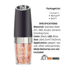 Packagelist, 1 grinder, 1 box, 1 manual,   SPECIFICATIONS; Material: Stainless Steel 201, ABS, Acrylic; Ceramic Grinding Core; Color: Black; Size: 20x5.2cm/ 7.9x2inch; Application: black, white pepper, sea salt, other solid particles 6AAA Batteries are not Included. Order now; vibe houses