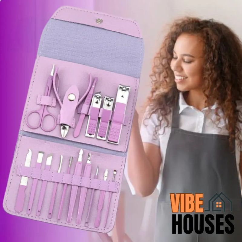 Woman smiling and looking to the side where manicure kit is open and shows all the tools color purple.Vibe Houses