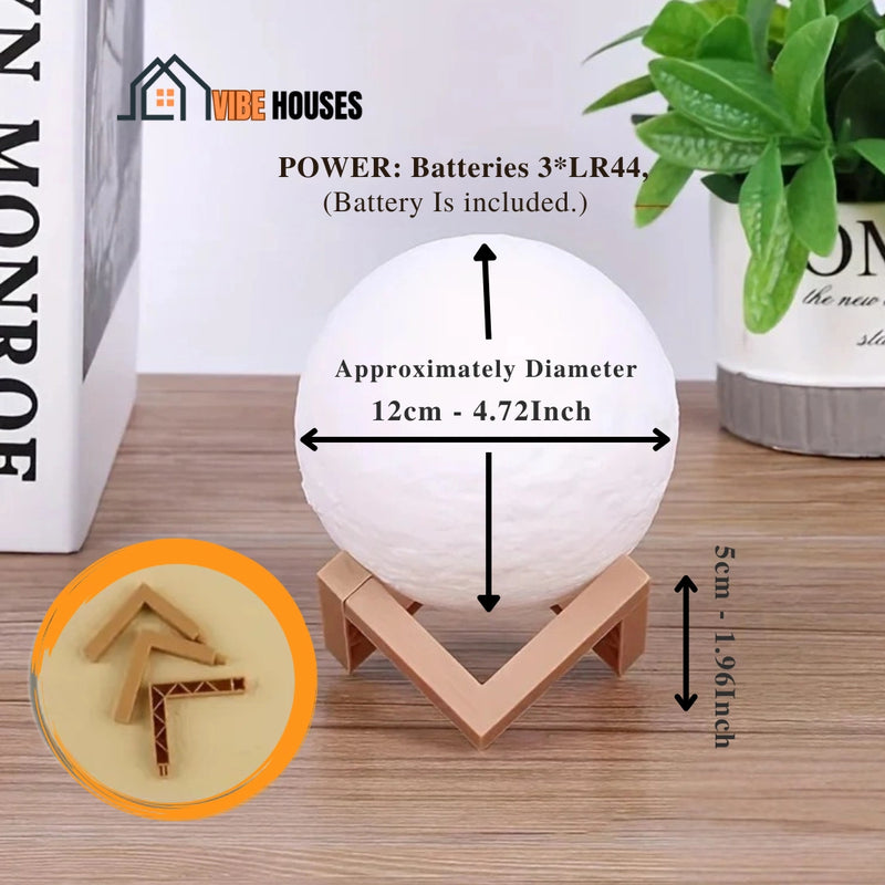 Full Moon, 3D lampshade; Switch, On and off; Three batteries electronic power supplies LR44 (batetery is included); Light color, Soft yellow; Moon size, 12 cm * 12 cm; Base size, 7 cm x 5 cm; Material, Plastic; Weight, 400g; vibe houses