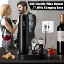 A couple of a man and a woman toast with wine. Pictured is the 5-in-1 Automatic Corkscrew Electric Wine Opener Set with Charging Base; USB eletic wine opener with charging base; vibe houses
