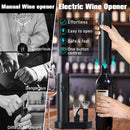 the picture shows how easy it is to open a bottle of wine with 5-in-1 Automatic Corkscrew Electric Wine Opener Set with Charging Base; vibe houses
