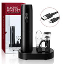Electric Wine Opener Set with Charging Base Automatic Corkscrew 5 in 1; next to it a box; vibe houses