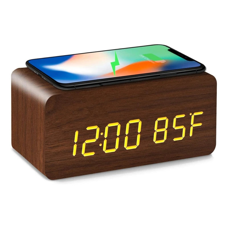 Voice Control Wooden Digital Alarm Clock Wireless Charging Temperature Date Night Mode Table Clock 3 Alarm 12/24H LED Clock