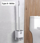 Toilet brush with long handle and drain base; Type A - White; installed in the bathroom near the toilet; vbe houses