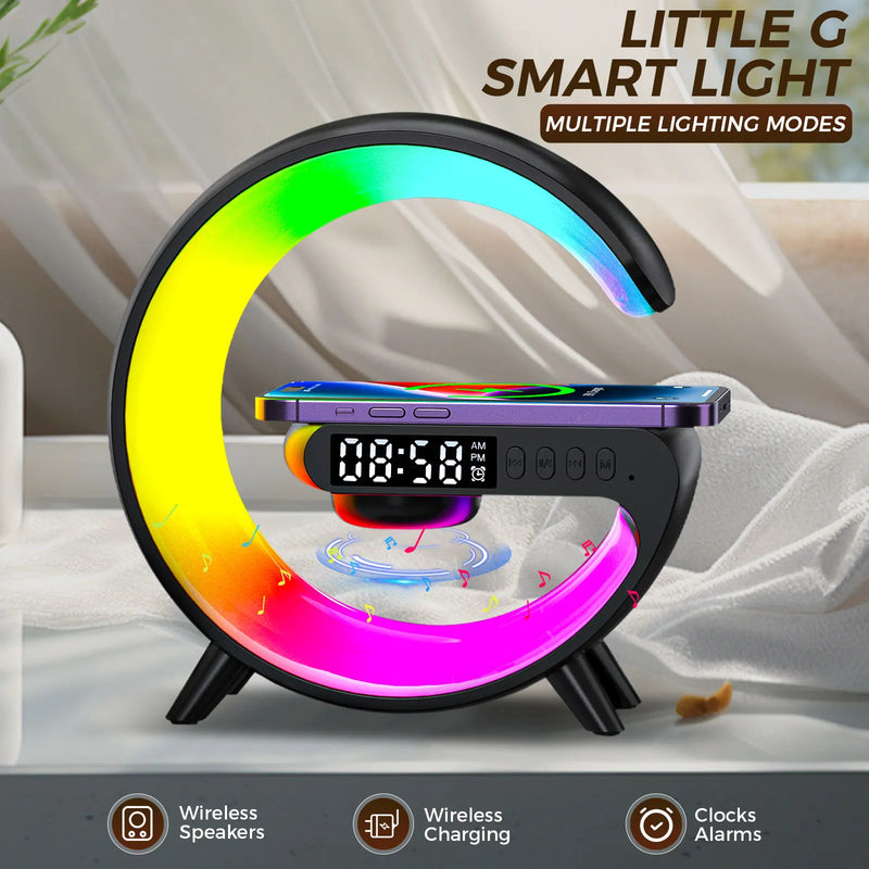 Clock alarm; Little G; Bluetooth wireless stereo with multiple lighting modes; model Black, wireless speakesr, wireless charging, clocks alarms, Vibe houses