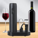 In the image, the 5-in-1 Automatic Electric Wine Opener with Corkscrew and Charging Base; electric wine opener with base; vibe houses