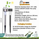 Garden lights solar-powered; Specifications Material, Stainless Steel + PP + ABS; 
Control, ON/OFF (Under The Lamp Cover); Solar Battery, 2V 40mA; Certified, CE; Dimension Height, 29.5 cm, 295 mm; Diameter: 4.5 cm, 45 mm; Colors, Black Shell-White, Black Shell-Warm, Silver Shell-Colors; Packaging Contains, 01- Kit Of 10 Solar Lamps For Outdoor Decoration (Number Of Kits Is Your Choice); Important, If the ground is too hard dig a hole eith a tool before insrting the stake; Vbe Houses