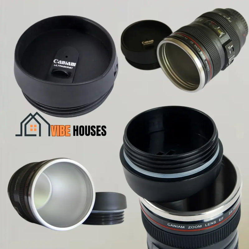 Mugs - Four images in one. Shows details of the whimsy and beauty of stainless steel mugs with camera lens; Vibe houses