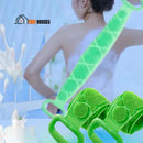 Luxurious and soft bath brush; woman using the brush on her back, vibe houses