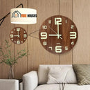 Luminous Wood Wall Clock - It is on the wall of a room. Below the clock is a white armchair. The atmosphere is daytime. The image of the watch is enlarged to see details. Silent clock. Size: 10.8 inches/27.5 cm diameter; Color: Wood. Order now and enjoy FREE shipping! Vibe Houses