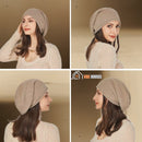 CozyMuse women's beanie. Woman in different poses in four photos. She is wearing the beanie in beige. vibe houses