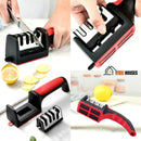 Scissor And knife Sharpener – Four images in one. They show the Sharpmaster four-stage knife sharpener being dismantled for cleaning and also show the underside of the device where it has non-slip rubber which guarantees firmness. Vibe Houses.