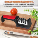 Scissors and knife sharpener - image with the sharpener on a wooden board next to a tomato and a knife. Has the message written; KNIFE AND SCISSORS SHARPENIG TOOL; 5-SECOND QUICK SHARPENING, FAST AND SHARP; A must-have for every household, worry-free sharpness; Vibe Houses