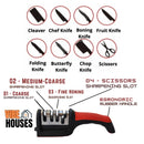 Scissor And knife Sharpener – The image shows the four stages of sharpening: 01- Rude. 02- Medium thick. 03- Fine sharpening. 04- Scissors. - SharpMaster by Vibe Houses