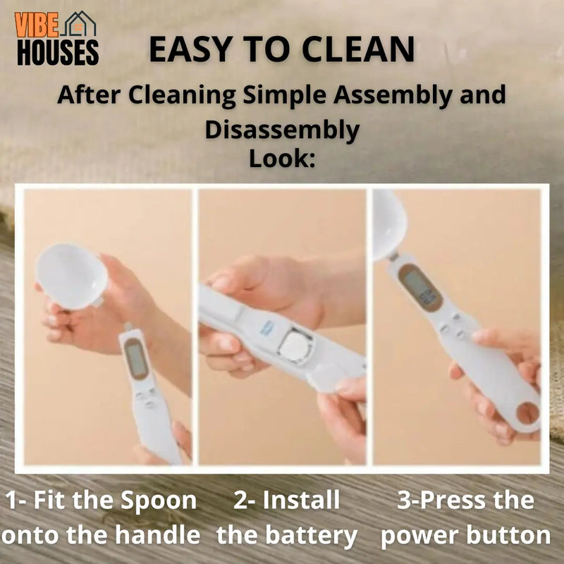 Digital spoon. color: White.Easy to clean. Afeter cleaning simple assembly and disassembly; Loock: 1 Fit the spoon onto the handle; 2 Install the battery; 3 Press the power button. Vibe Houses.