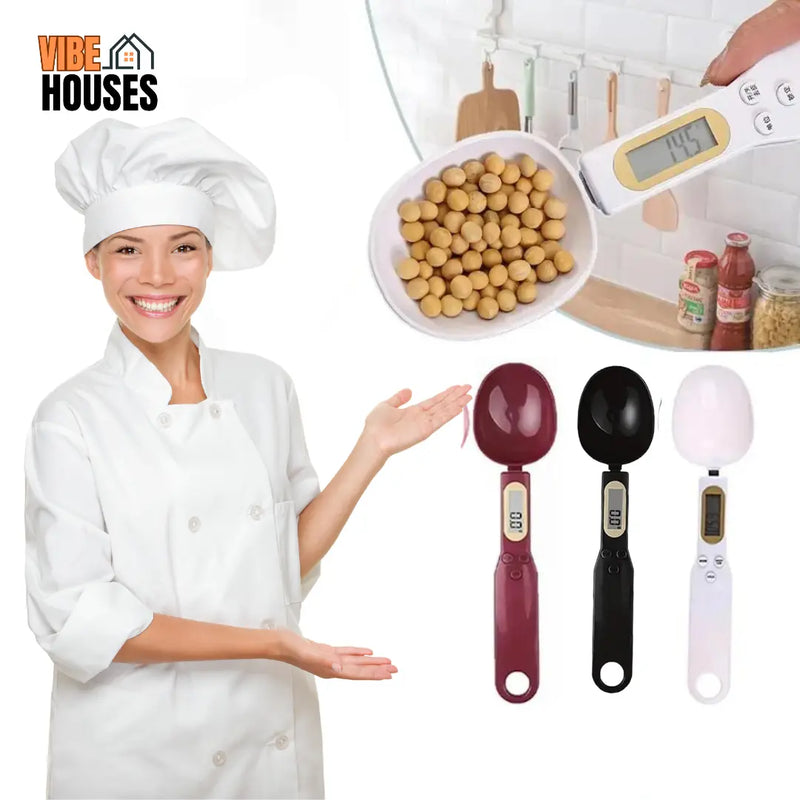 Woman dressed as a chef points to digital spoons with her hands. Vibe Houses.