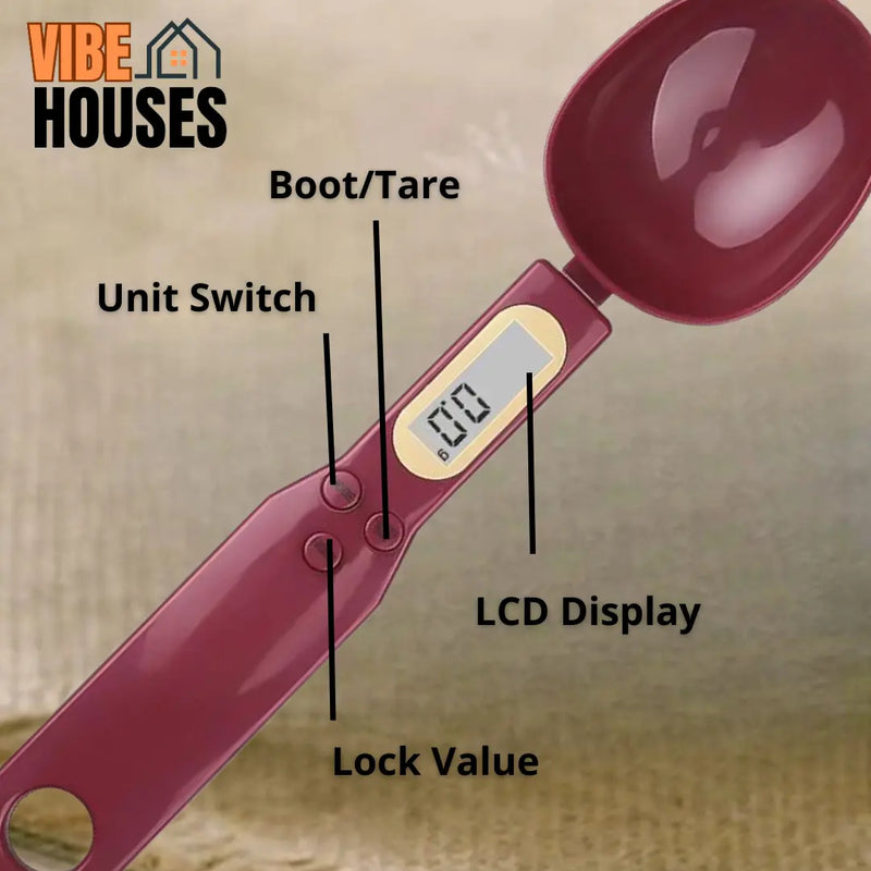 Digital spoon.color: red wine. Indicating startup/ tare, unit switch, LCD display lock value. Vibe Houses.