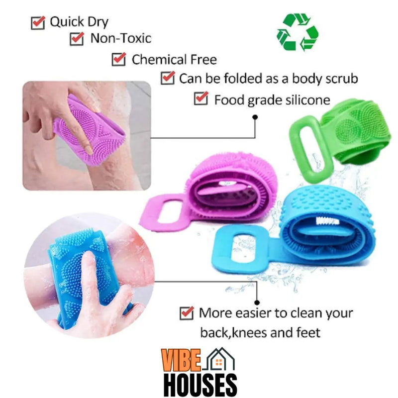 Along with the image of the silicone massager bath brush It is written quick dry non toxic chemical free can be folded as a body scrub grade silicone mores easier to clean your back kneees and feet. Vibe Houses