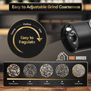 Electric Salt and Pepper Grinder Set! Easy to adjustable grind coarseness; coarse medium fine; GrindPro by Vibe Houses.
