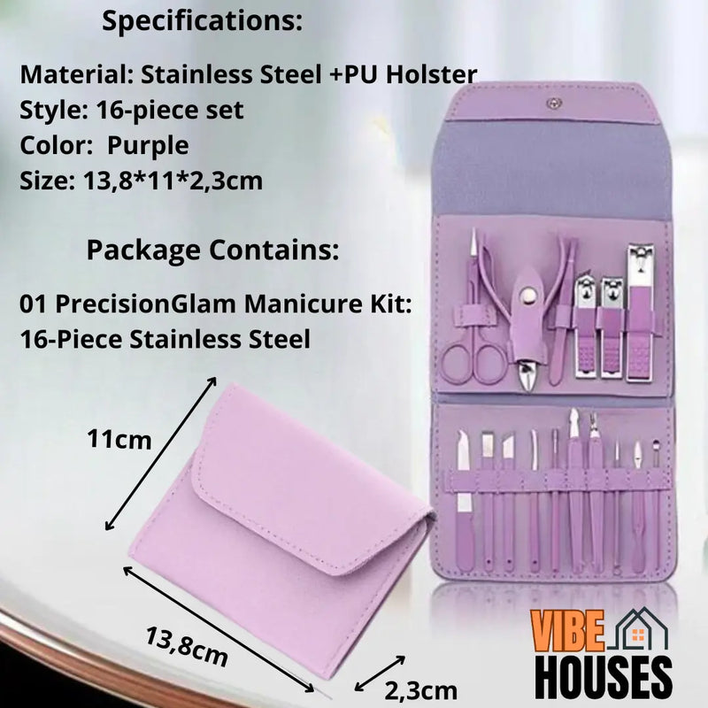 Manicure PrecisionGlam Kit: 16-Piece. Specifications: Material: Stainless Steel +PU Holster, 
Style: 16-piece set, Color: Purple,
Size: 13,8*11*2,3cm. Package Contains: 01 PrecisionGlam Manicure Kit:16-Piece Stainless Steel. Vibe Houses.