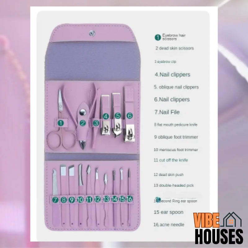 Manicure kit 16 Piece Stainless Steel is open and shows all the tools high-quality tools, including nail clippers, pliers, files, cuticle pushers, tweezers, and scissors. Crafted for durability and professional results,color purple . Vibe Houses