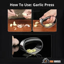 Premium stainless steel garlic press! Three images how to use the garlic press; Vibe Houses