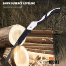 Saw. Foldable in carbon fiber. Two tree trunks are being cut down. One of the trunks is with the saw.  SwiftCarve by Vibe Houses